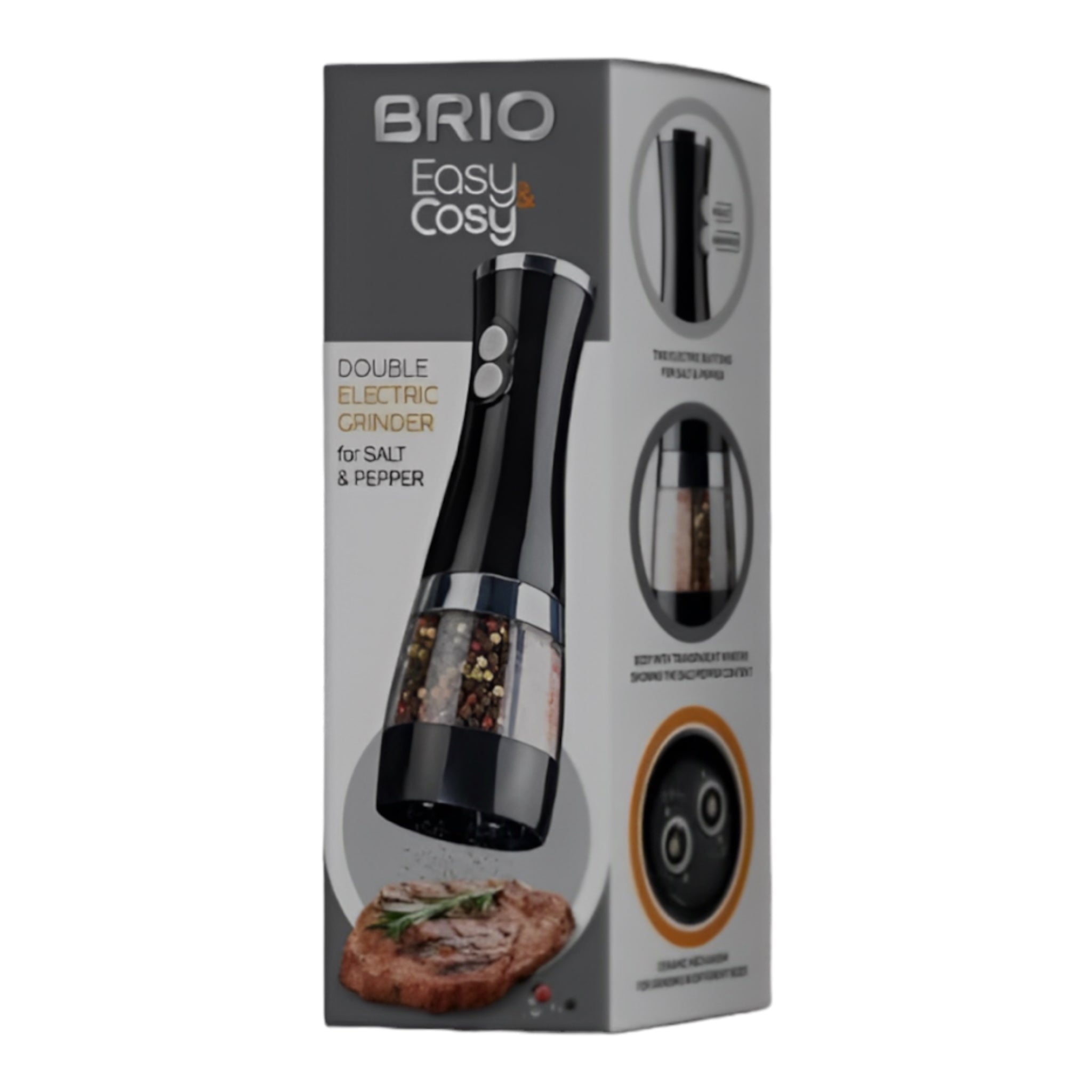 Rasnita electrica, doua compartimente, sare si piper, neagra, cu baterii, Brio