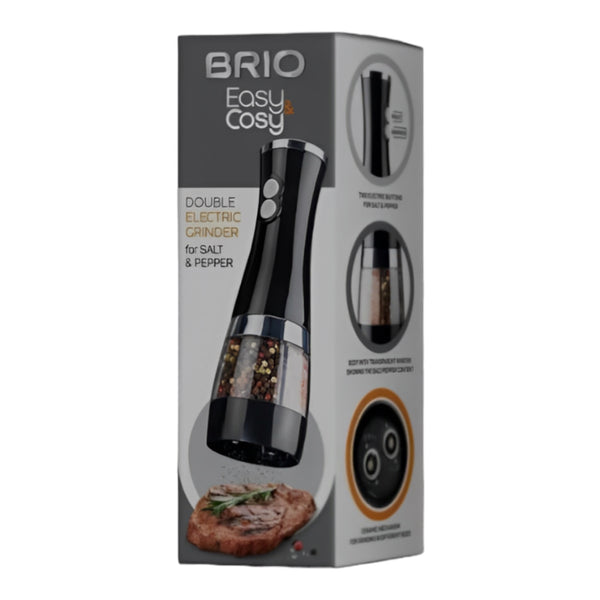 Rasnita electrica, doua compartimente, sare si piper, neagra, cu baterii, Brio
