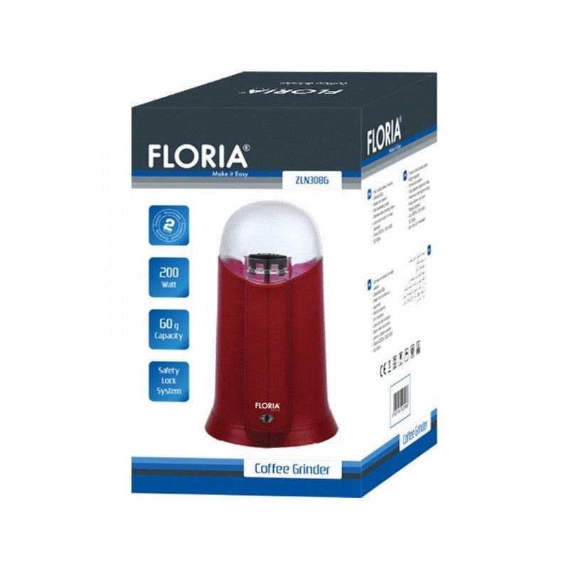 Rasnita Electrica Floria ZLN-3086 Rosu Putere 200W, Capacitate 60 gr, Cuva otel inoxidabil