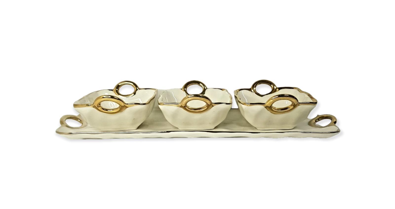 Set platou cu 3 compartimente, alb cu auriu