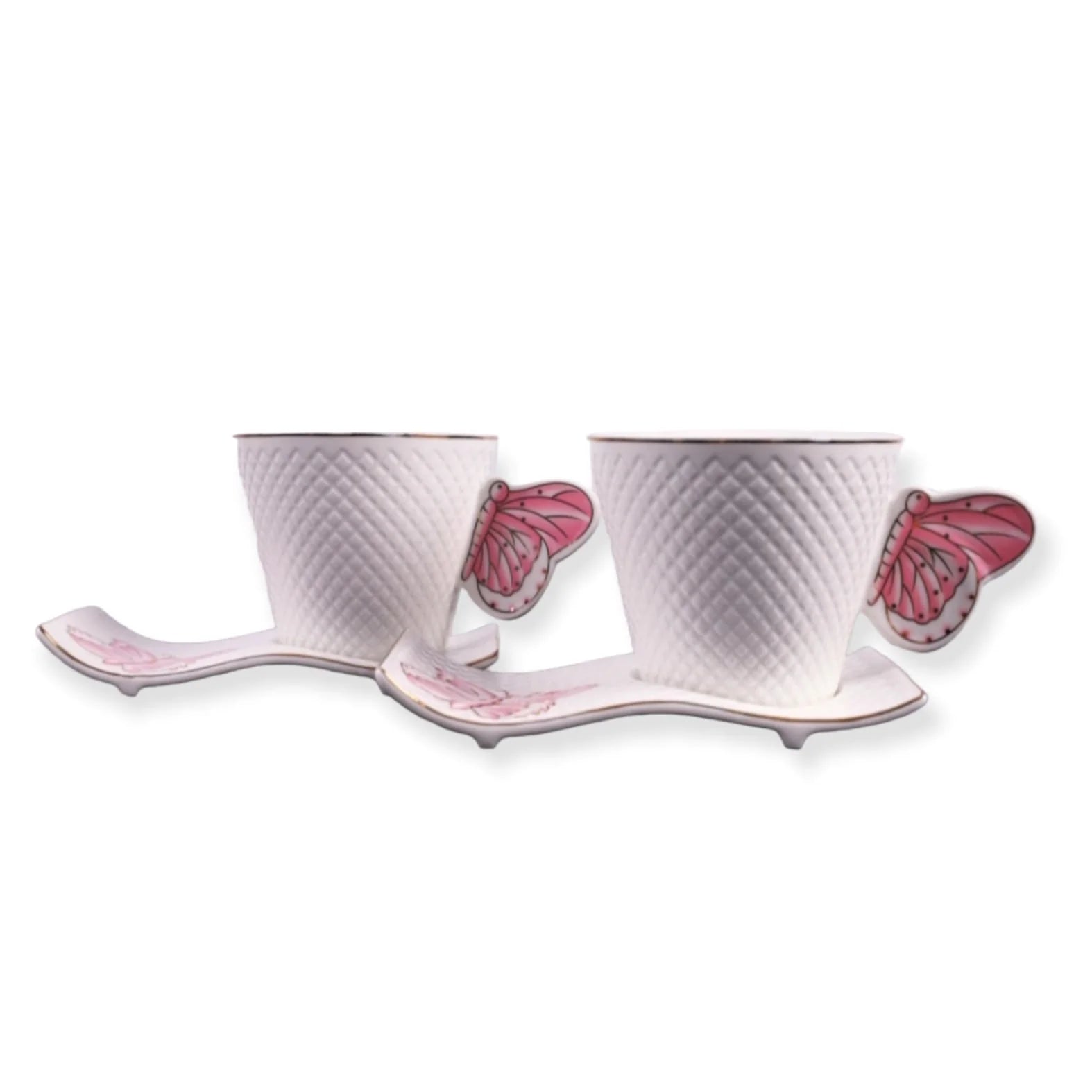 Set 2 cesti Cafea sau Ceai cu farfurioare, Fluture roz