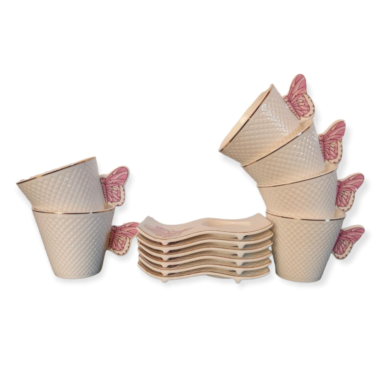 Set 6 cesti Cafea sau Ceai cu farfurioare, fluture roz