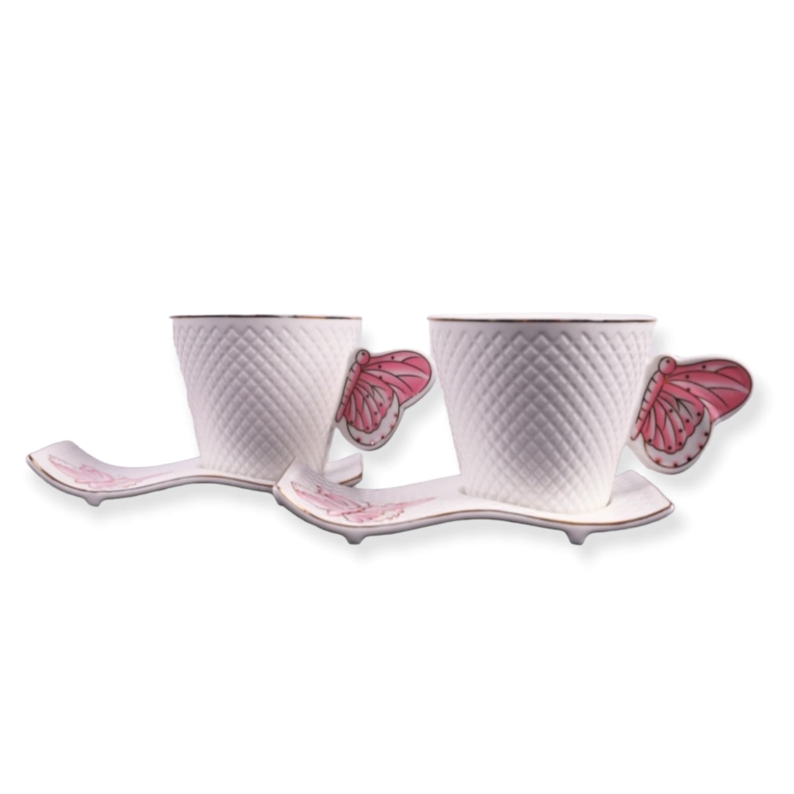 Set 6 cesti Cafea sau Ceai cu farfurioare, fluture roz