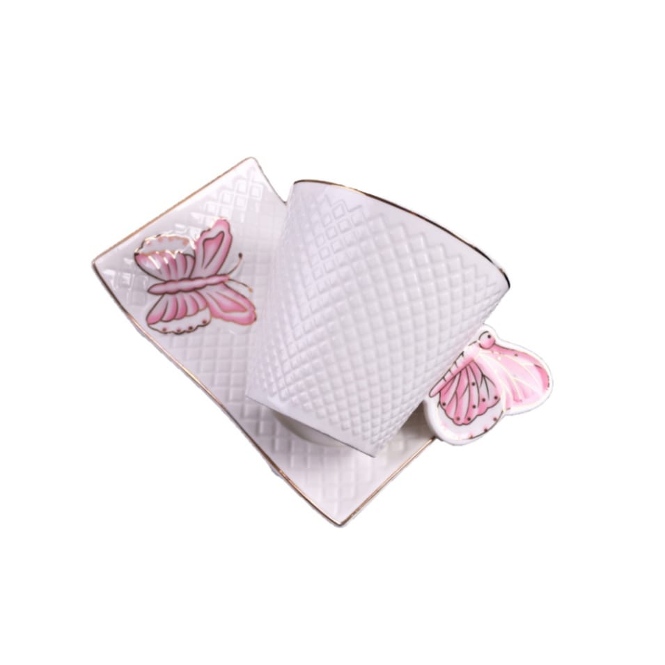 Set 6 cesti Cafea sau Ceai cu farfurioare, fluture roz