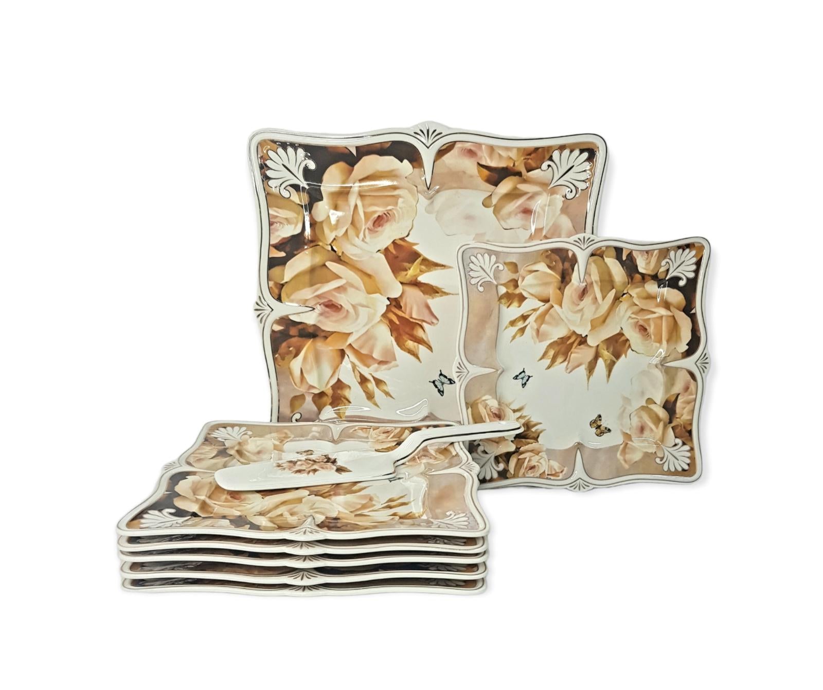 Set tort elegant Malooki 8 piese portelan forma patrata
